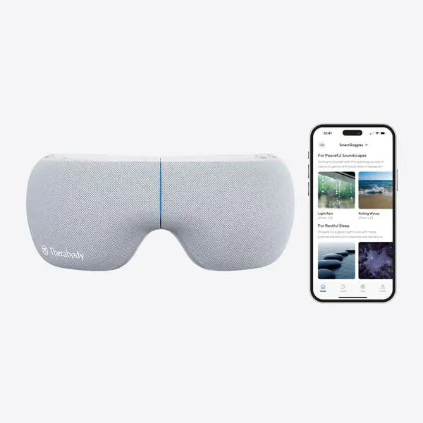 Masque de massage Smart Google Therabody, conçu pour offrir une relaxation profonde et apaiser les tensions faciales.