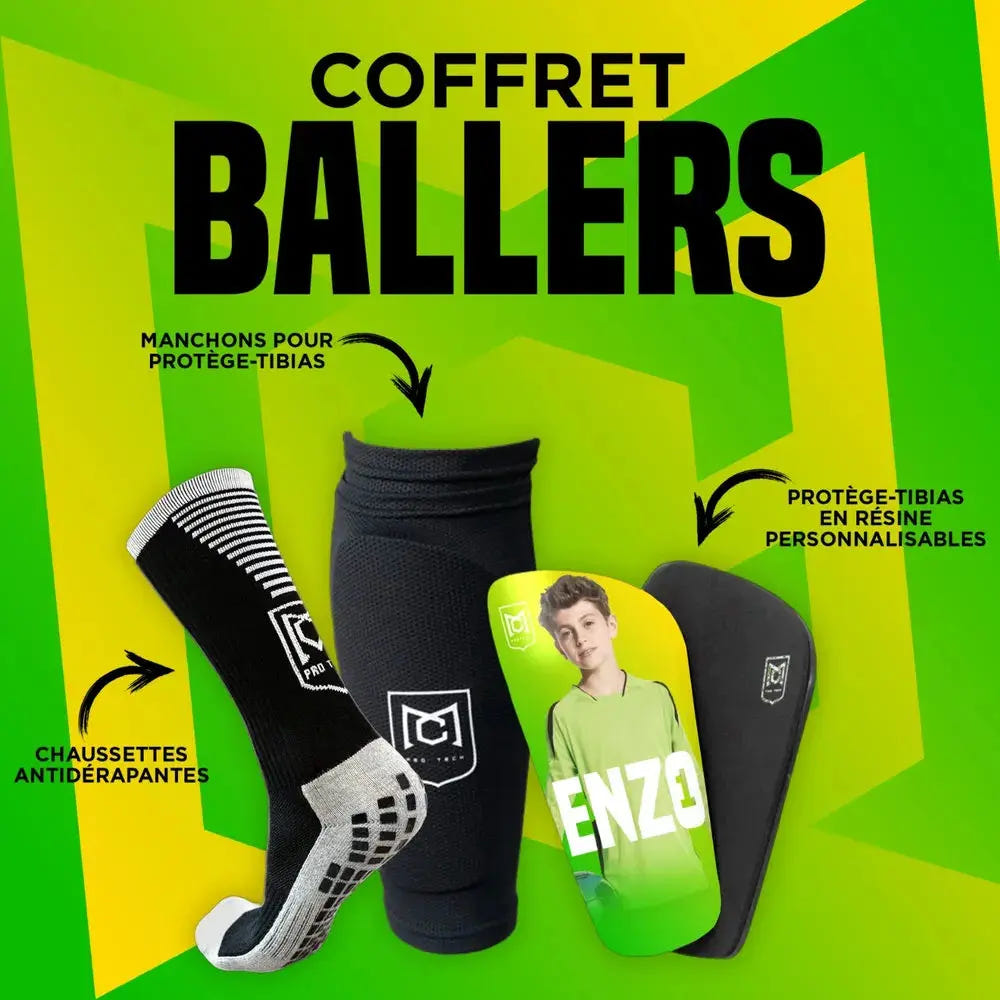 Coffret Ballers, incluant des chaussettes antidérapantes, des manchons protège-tibias et des protège-tibias personnalisables en résine pour sublimer vos performances.