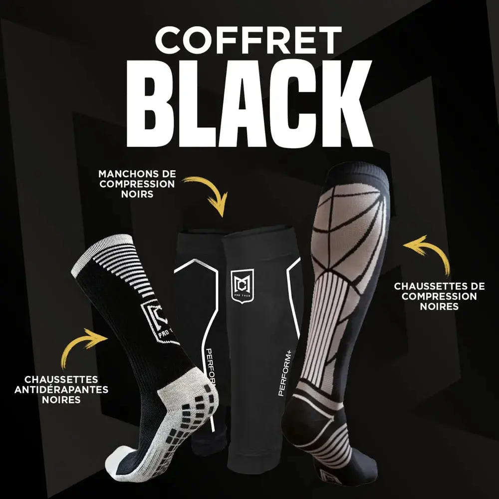 Coffret Black, incluant un manchon de compression, des chaussettes de compression et des chaussettes antidérapantes pour optimiser votre confort sportif.