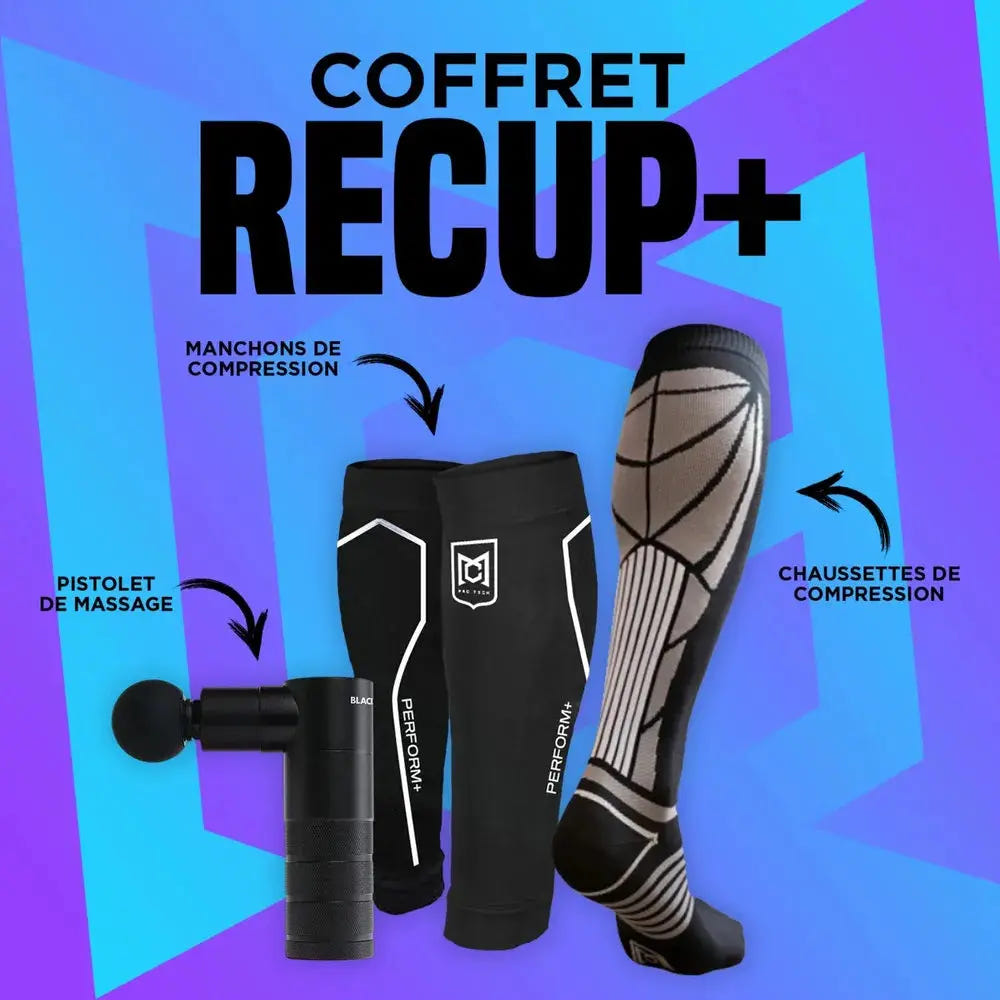 Coffret Recup+ Black, incluant un pistolet de massage Blackroll Fascia Gun, des chaussettes de compression et un manchon de compression pour favoriser la récupération musculaire.
