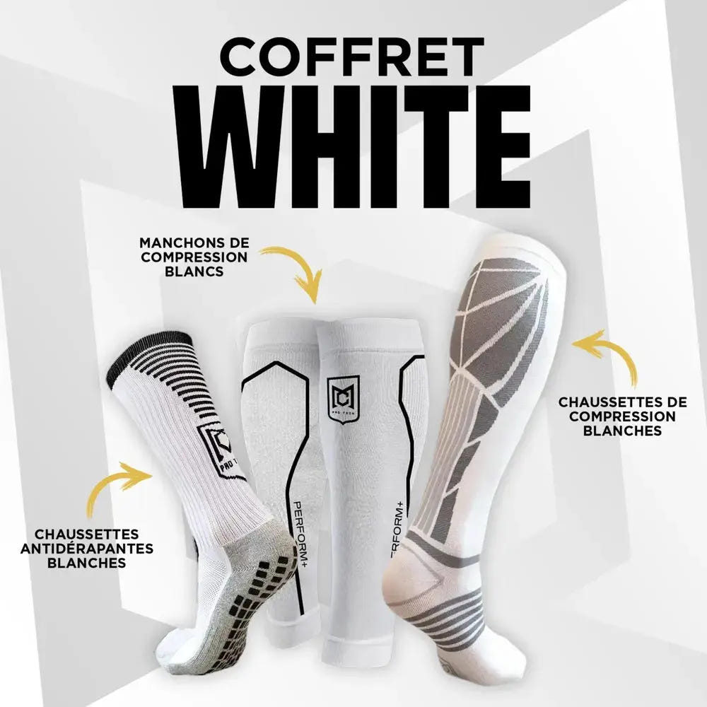 Coffret White : Chaussettes de récupération, manchons de compression et chaussettes antidérapantes