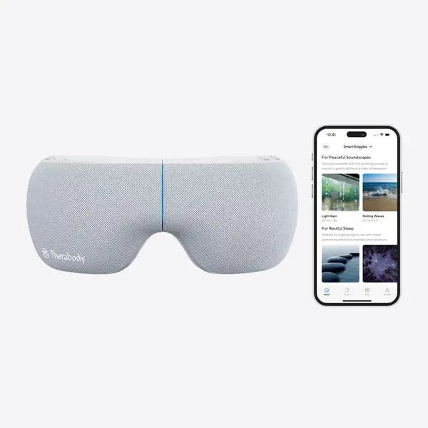 Masque de massage Smart Google Therabody, conçu pour offrir une relaxation profonde et apaiser les tensions faciales.