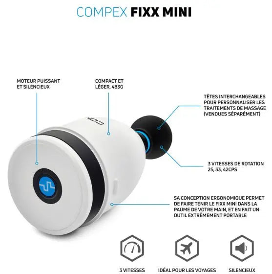 Compex Fixx Mini, appareil de massage portable pour soulager les tensions musculaires et améliorer la récupération.