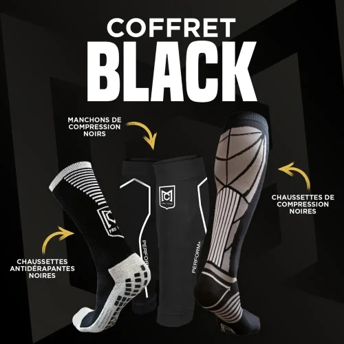 Coffret Black, incluant un manchon de compression, des chaussettes de compression et des chaussettes antidérapantes pour optimiser votre confort sportif.