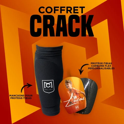 Coffret Crack, incluant des protège-tibias en carbone personnalisables et des manchons protège-tibias pour renforcer votre protection sportive.