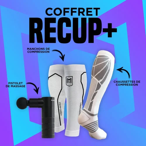 Coffret Recup+ White, incluant un pistolet de massage, des chaussettes de compression et un manchon de compression pour favoriser la récupération musculaire.